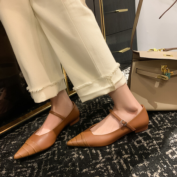 石头纹牛皮平底鞋2023春新款尖头浅口玛丽珍一字扣带单鞋女