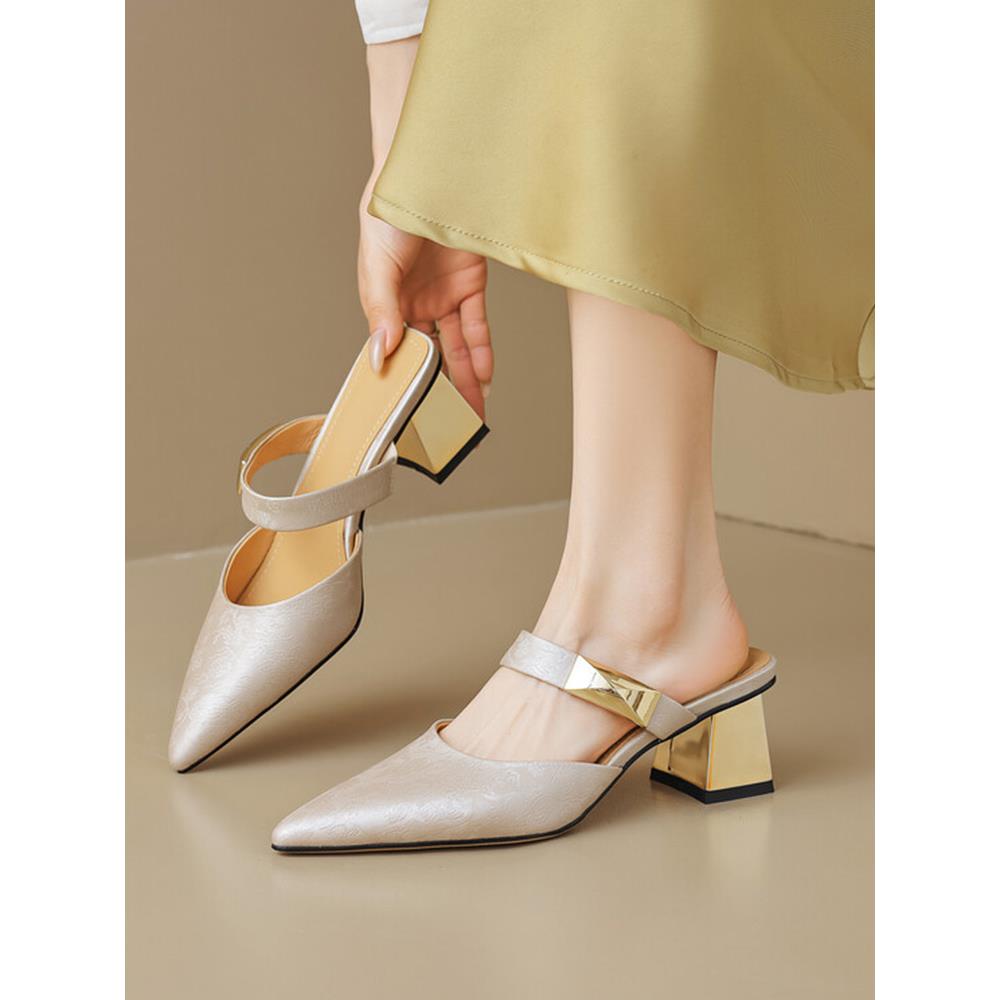 包头半拖鞋女2024夏季真皮尖头粗跟高跟鞋杏色33码40穆勒鞋凉拖鞋