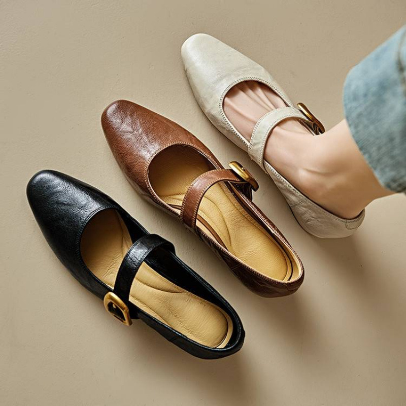 软羊皮~法式复古软底一字带真皮粗跟玛丽珍单鞋女浅口小皮鞋通勤