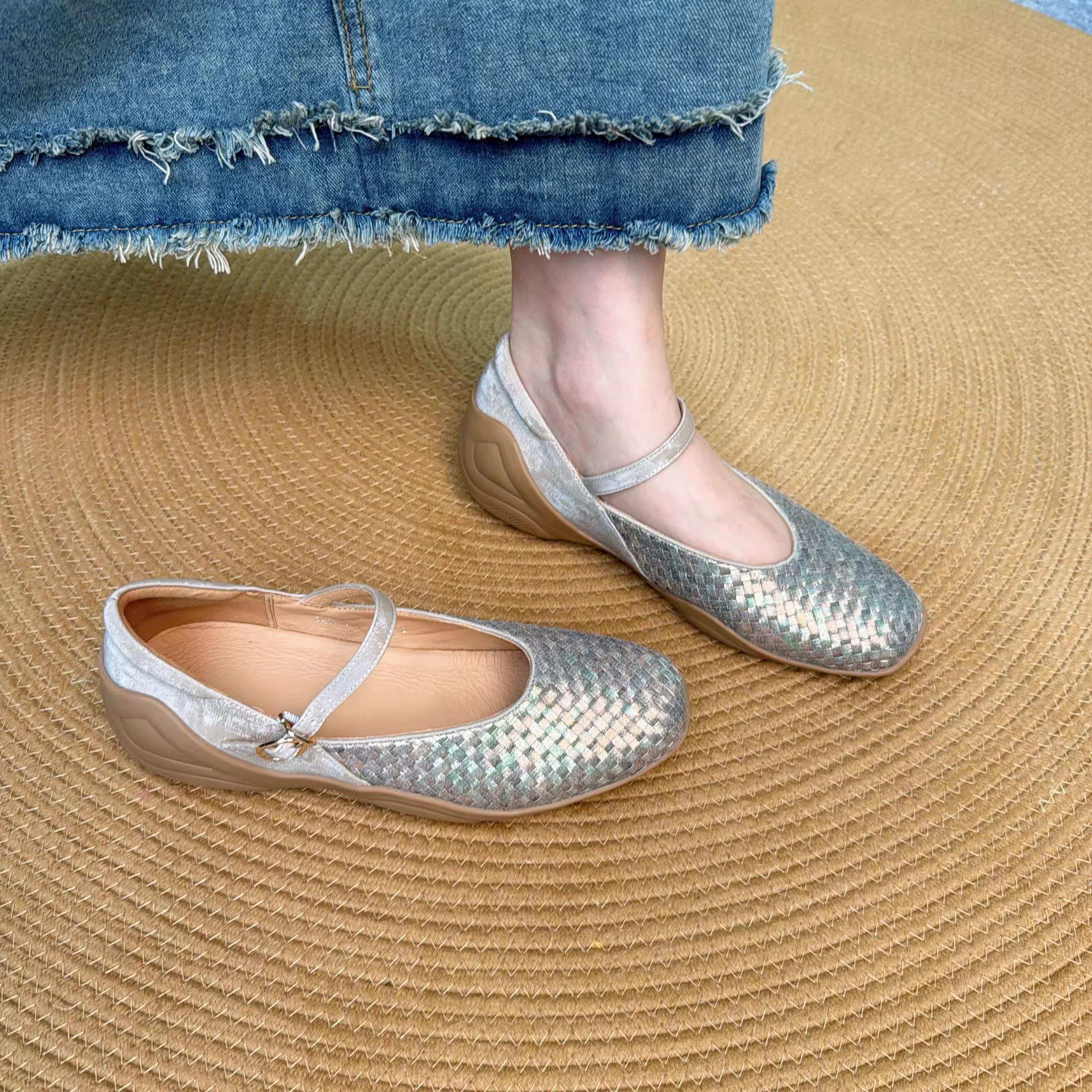 诗宝斐尔 内增高3cm覆古编织休闲 包鞋真皮运动风玛丽珍女鞋奶奶