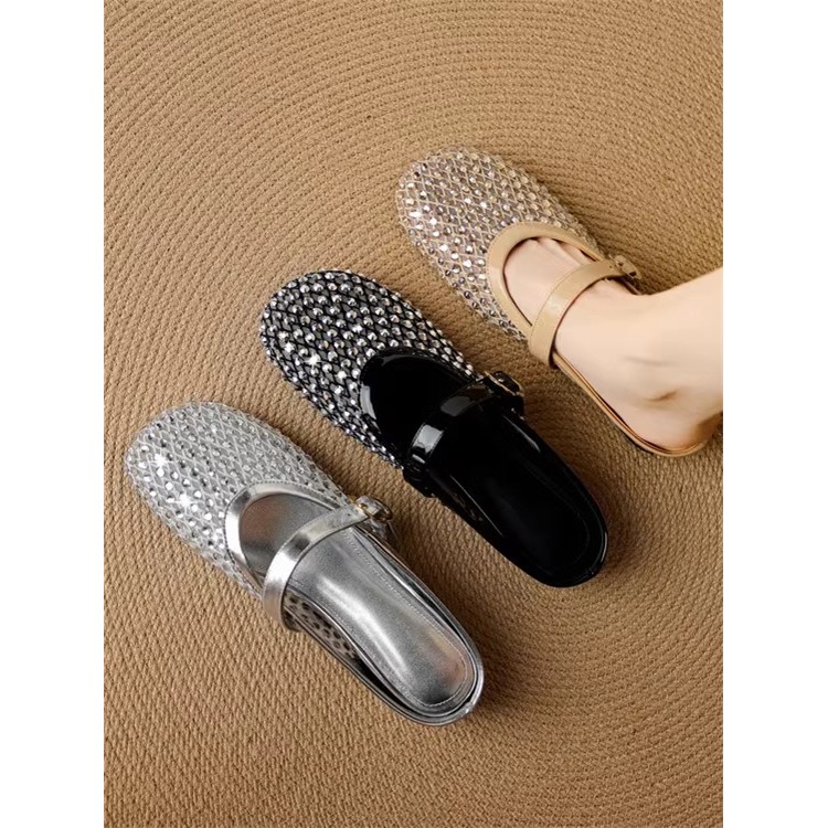 诗宝斐尔 内增高2.5CM法式编织镂空包头半拖鞋女夏满钻凉拖穆勒鞋