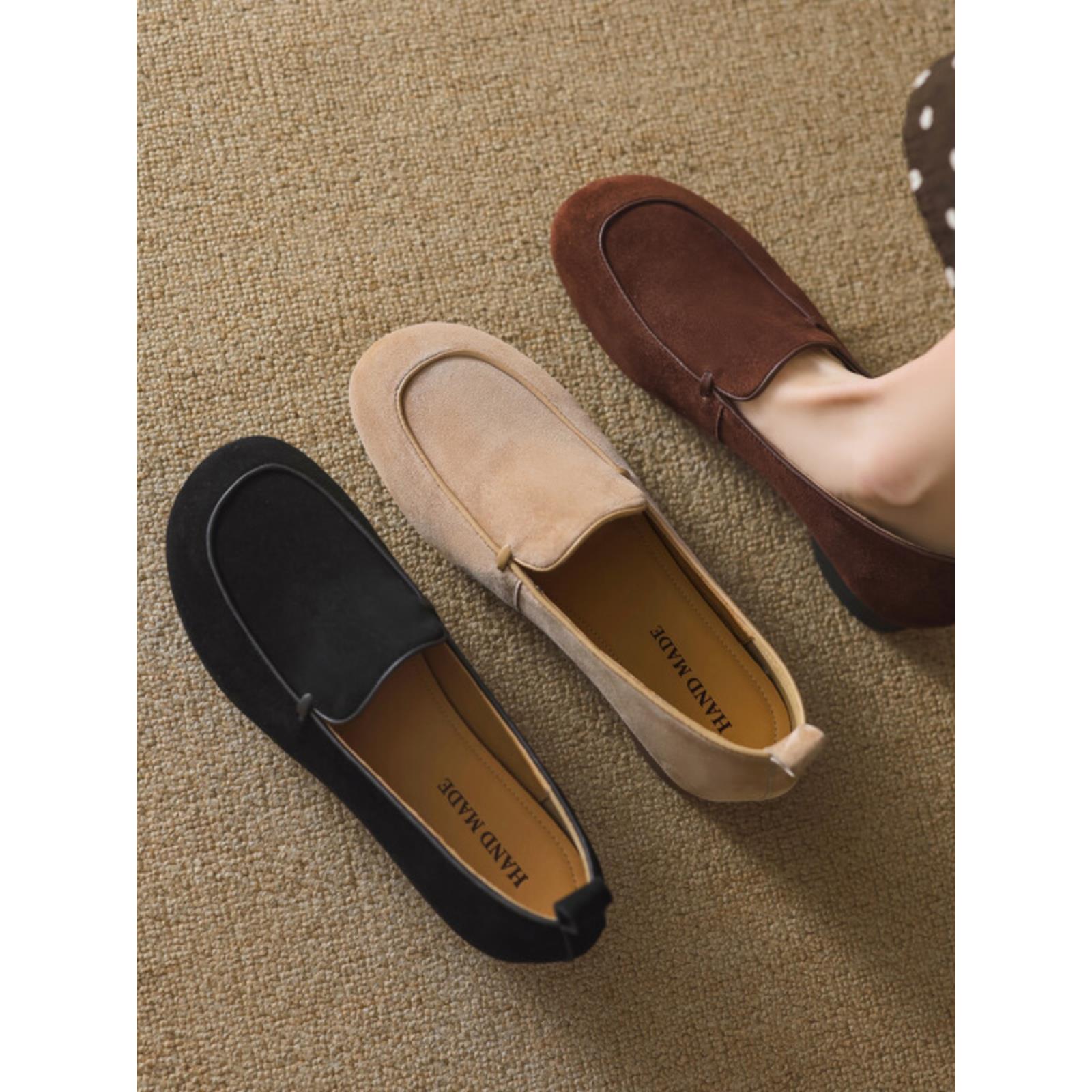 文艺覆古磨砂乐福鞋女羊皮豆豆鞋圆头软底奶奶鞋2025春秋季小皮鞋