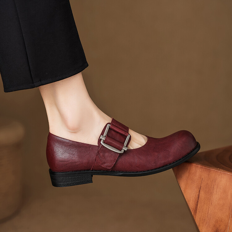 美拉德复古小羊皮安可拉红一字带玛丽珍小皮鞋软皮软底粗跟单鞋女