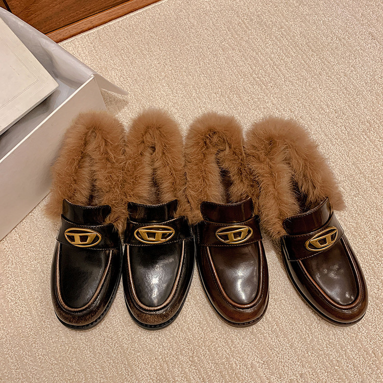 真皮法式美拉德秀气薄底小皮鞋加毛乐福单鞋毛毛鞋女秋冬加绒外穿