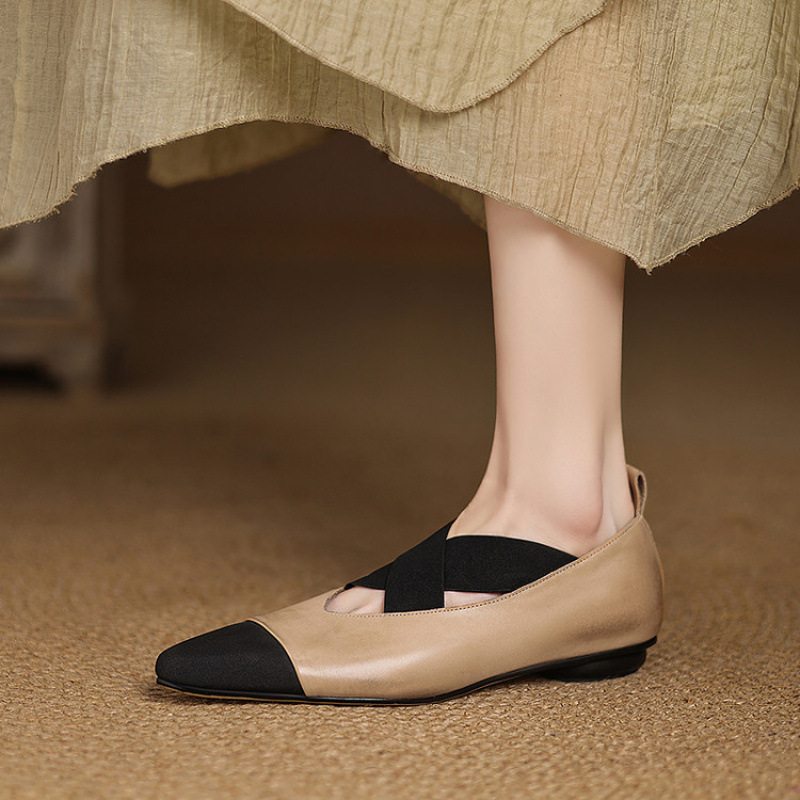 2025春季真皮尖头平底单鞋女拼色交叉带芭蕾舞鞋女软底玛丽珍鞋