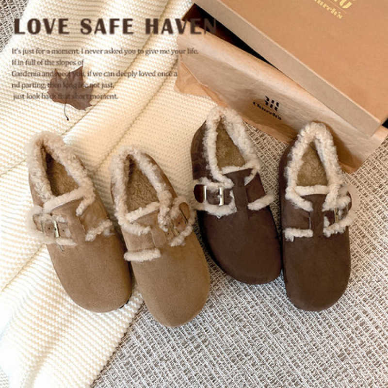 加绒勃肯鞋女2025冬外穿复古保暖平底单鞋百搭一脚蹬棉鞋