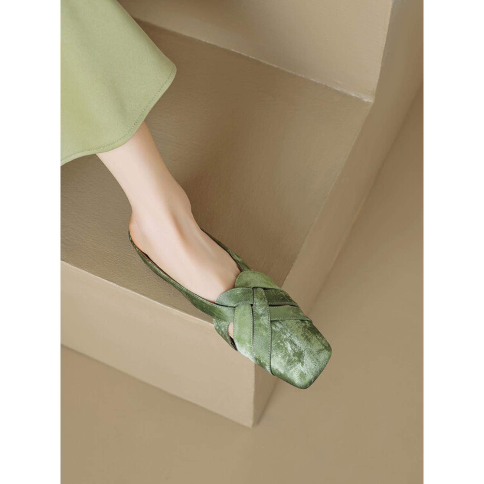 法式覆古编织镂空包头半拖鞋女夏季外穿真皮内增高方头穆勒凉拖鞋