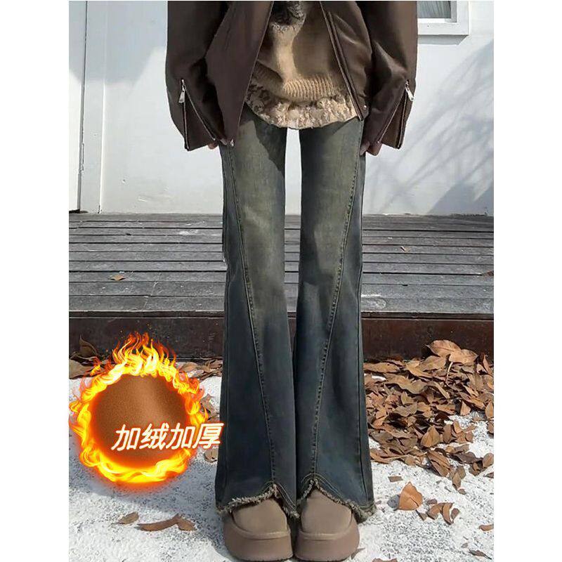 复古蓝毛边微喇牛仔裤女秋冬加绒大码胖mm高腰显瘦遮胯弹力喇叭裤