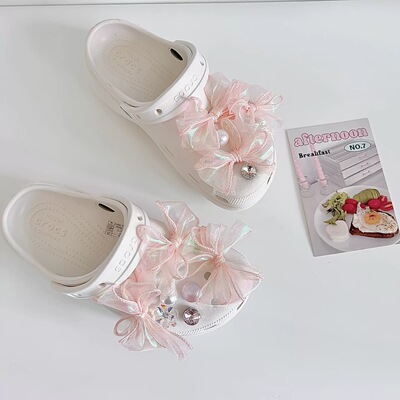 Crocs洞洞鞋鞋花欧根纱镭射蝴蝶结鞋花配饰仿珍珠高级感鞋配件