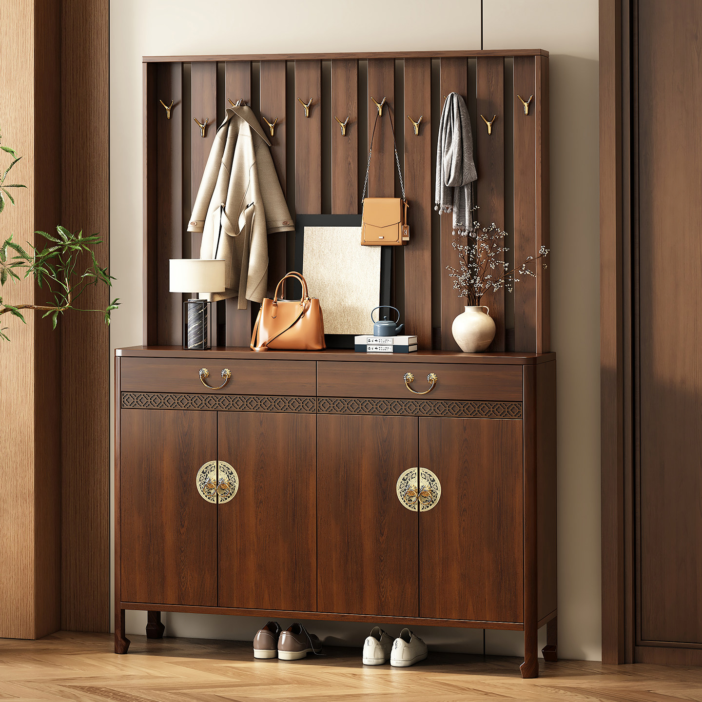 希木森新中式实木鞋柜玄关柜挂衣架一体储物柜胡桃木色门口收纳柜