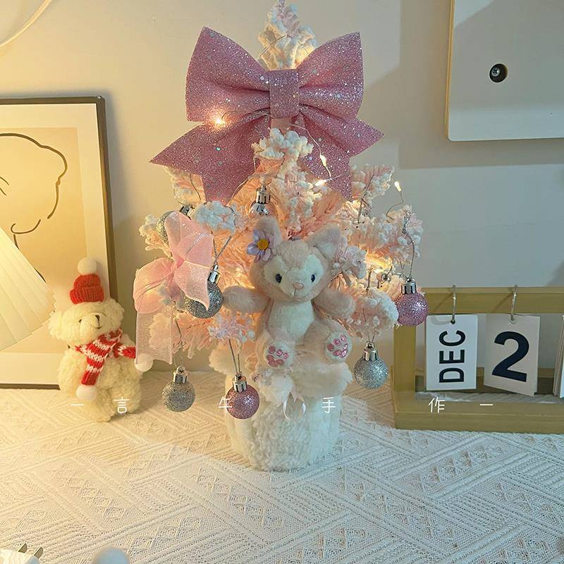 言午手作粉色圣诞树小夜灯公仔卧室圣诞装饰带灯桌面摆件可爱礼物