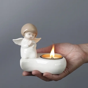 北祈祷陶瓷天使烛台客厅卧室桌面浪漫蜡烛杯装饰品摆件