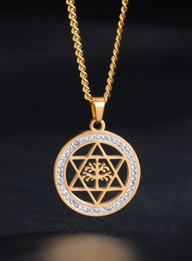 欧美热销六芒星项链气质名族风切割不锈钢生命树六芒星锆石女项链