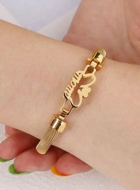 新款 欧美钛钢心形网状创意女士字母mom镂空手镯手环