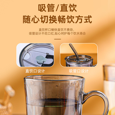 450ml玻璃杯带把手高颜值办公室家用喝水杯子in风吸管杯咖啡杯