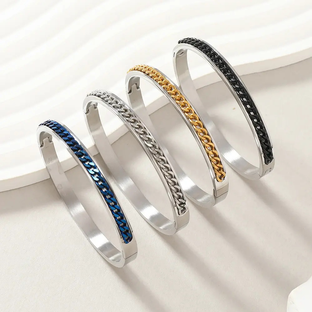 欧美钛钢手镯 高级感小众开槽颜色链条o型卡扣手镯不锈钢饰品