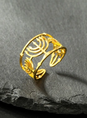 热销个性风潮欧美不锈钢六芒星和烛台开口戒指可调节钛钢指环