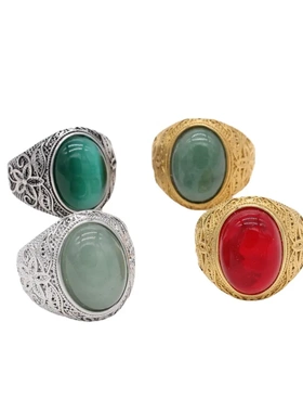 r1286饰品 欧美时尚简约个性花纹椭圆宝石男女钛钢戒指