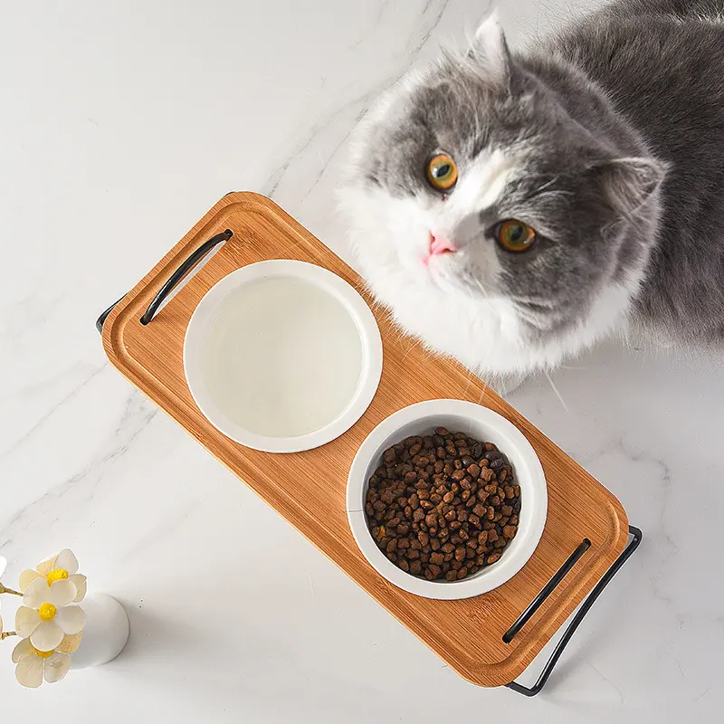 猫碗猫咪陶瓷碗木架铁架斜口易清洗护颈椎宠物猫粮防打翻喂水碗