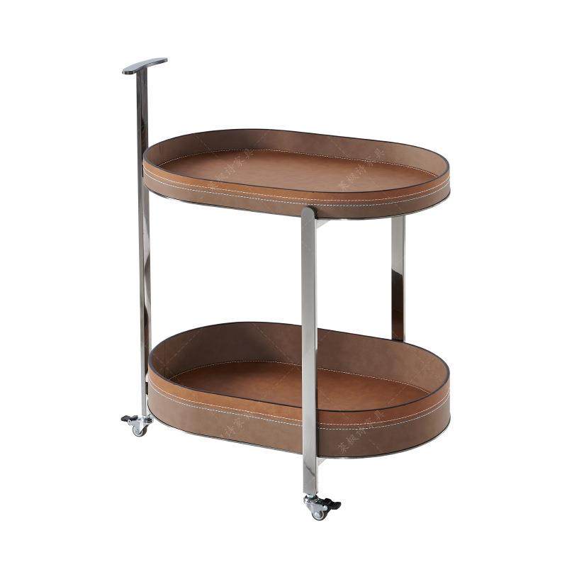 双层置物边几现代简约风格阳台客厅意式马鞍皮角几家用移动小推车