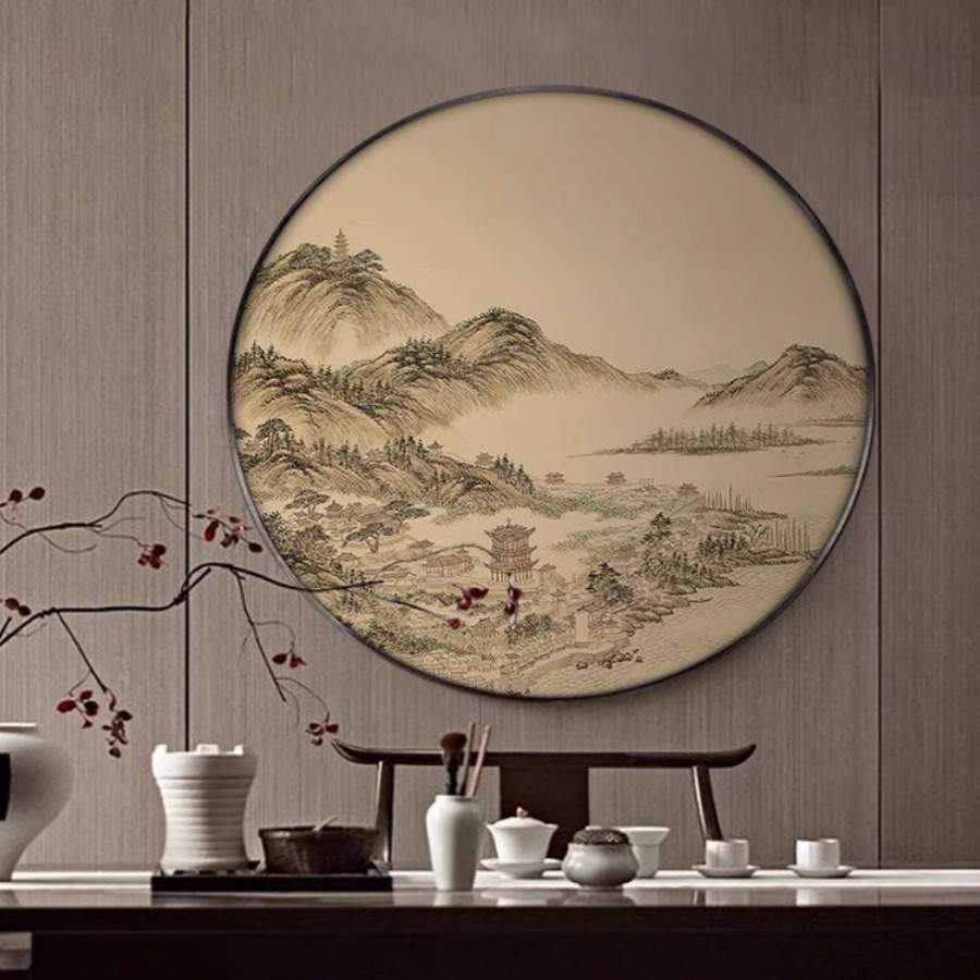 新中式圆形玄关装饰画中国风古建筑楼阁壁画客厅茶室书房墙壁挂画图片