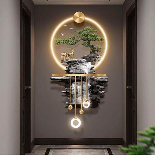高山流水进门正对墙壁画立体发光玄关装饰画挂件走廊过道挂画灯画