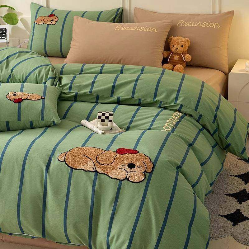 秋冬A类加厚纯棉磨毛床上四件套100全棉毛巾绣卡通被套床单人床品