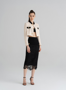 WEPRIVE  小香风进口水溶蕾丝皇室立领外套黑色蕾丝包臀长半裙