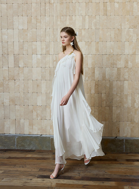 WEPRIVE 佩里月光连衣裙白月光长裙单肩荷叶边法式度假风