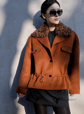 WEPRIVE  纯绵羊毛韩式橘色双面呢时尚外套毛呢外套可拆卸毛领