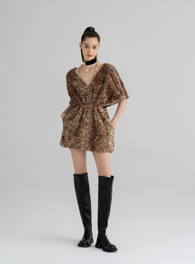 WEPRIVE 意大利RUFFO COLI全亮片纱线V领收腰外套裙气质短裙