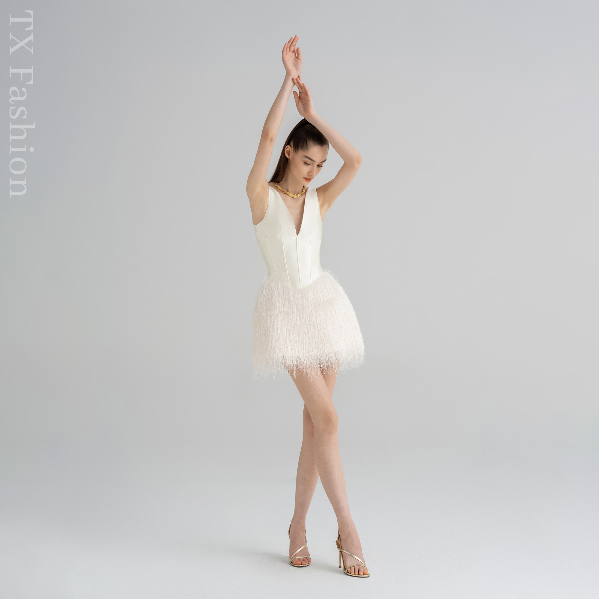 【SYREN】25年进口流苏短裙聚会珍珠白吊带礼服深V吊带半身裙