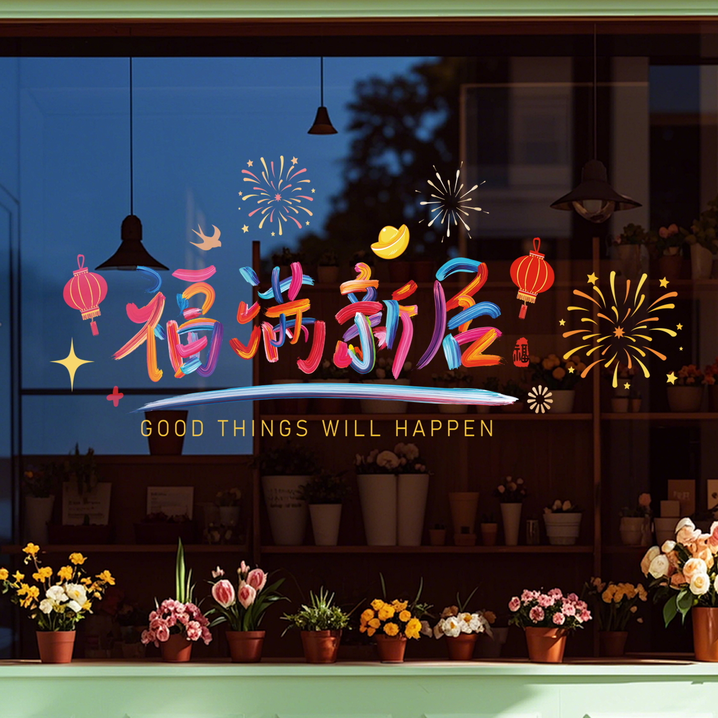 乔迁之喜喜庆氛围装饰静电玻璃贴