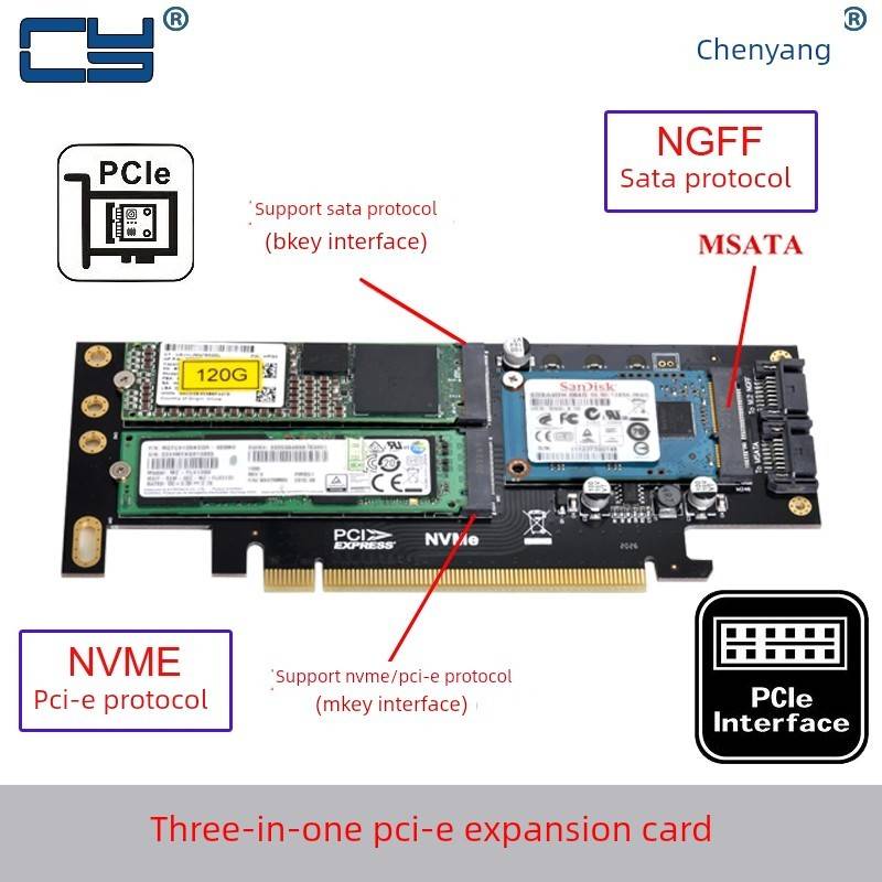 三盘版M.2 NVMe NGFF转pci-e 4x三合一扩展卡转接卡B+M Key mSATA