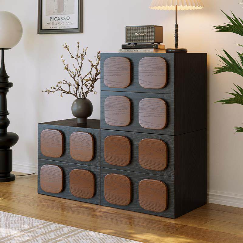 中古风实木斗柜客厅靠墙收纳储物柜拼色覆古高级感卧室床头卡门柜