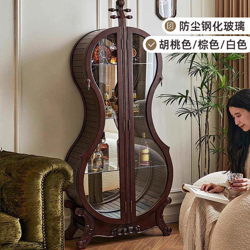 小提琴酒柜展示柜美式实木靠墙落地柜欧式玻璃酒柜家用覆古餐柜