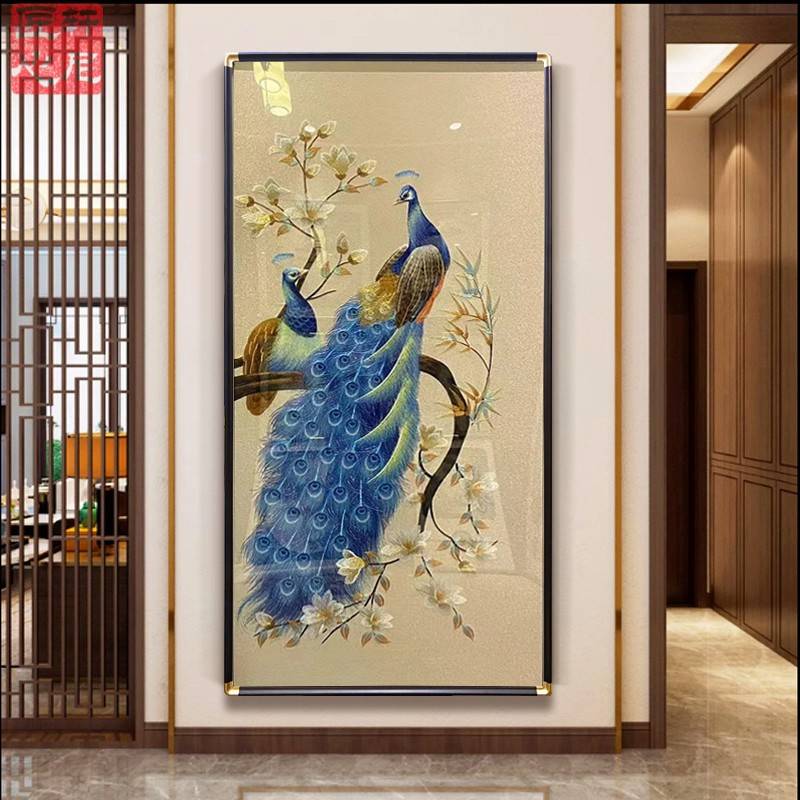 蓝孔雀玄关刺绣挂画满绣迎门走廊走道苏绣装饰画新中式高密度壁画图片