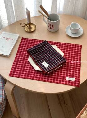 henceforth2024圣诞新年色自制餐巾红格纹方巾杯垫装饰垫ins风