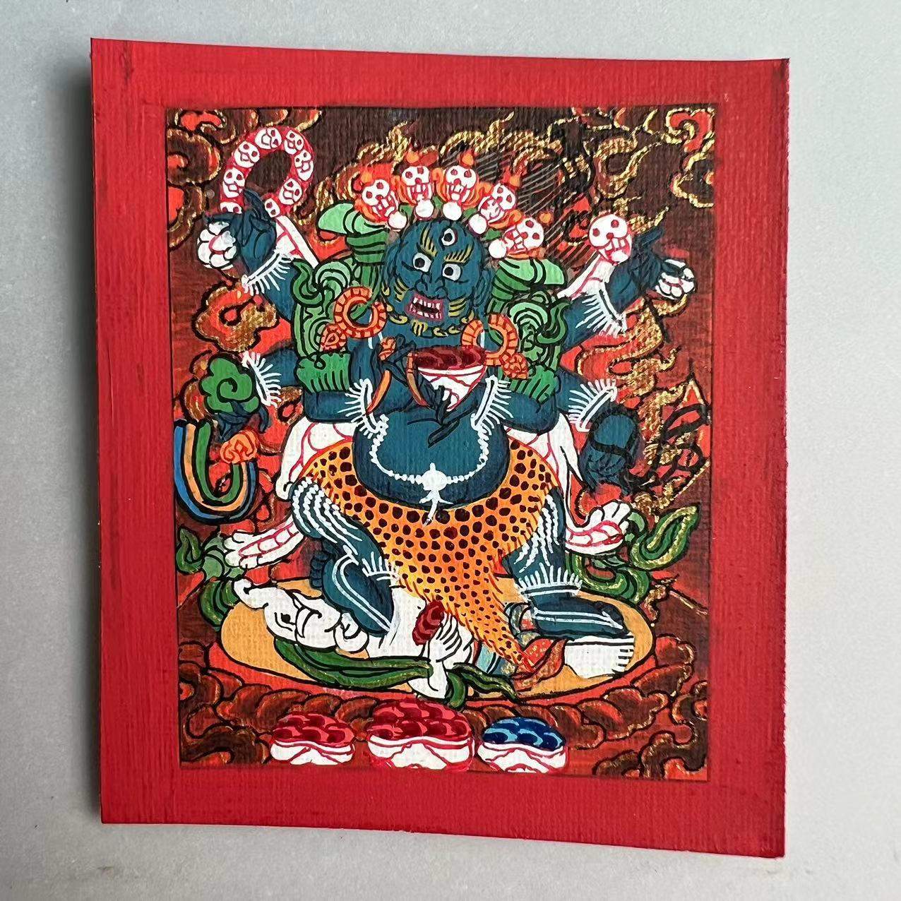 纯手绘矿砂大黑天六臂玛哈嘎拉矿物颜料卡心画芯唐卡黒六臂