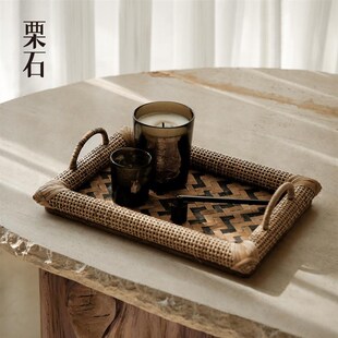绮罗 栗石 复古手工藤编竹编托盘摆件民宿家用下午茶点心盘茶盘
