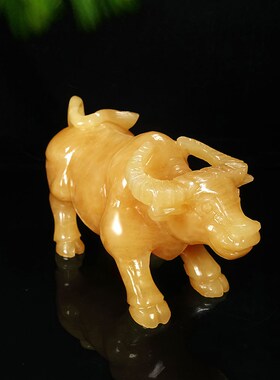 天然米黄玉十二生肖牛摆件工艺品家居客厅玄关办公室桌面玉雕装饰