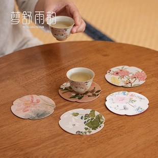 布艺家用防滑隔热垫茶托茶道零配件 云纱花草集茶杯垫防水双面中式