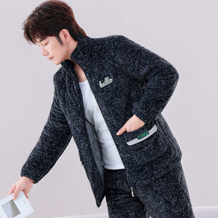 睡衣男秋冬季三层夹棉加厚加绒男士珊瑚绒保暖款法兰绒冬天家居服