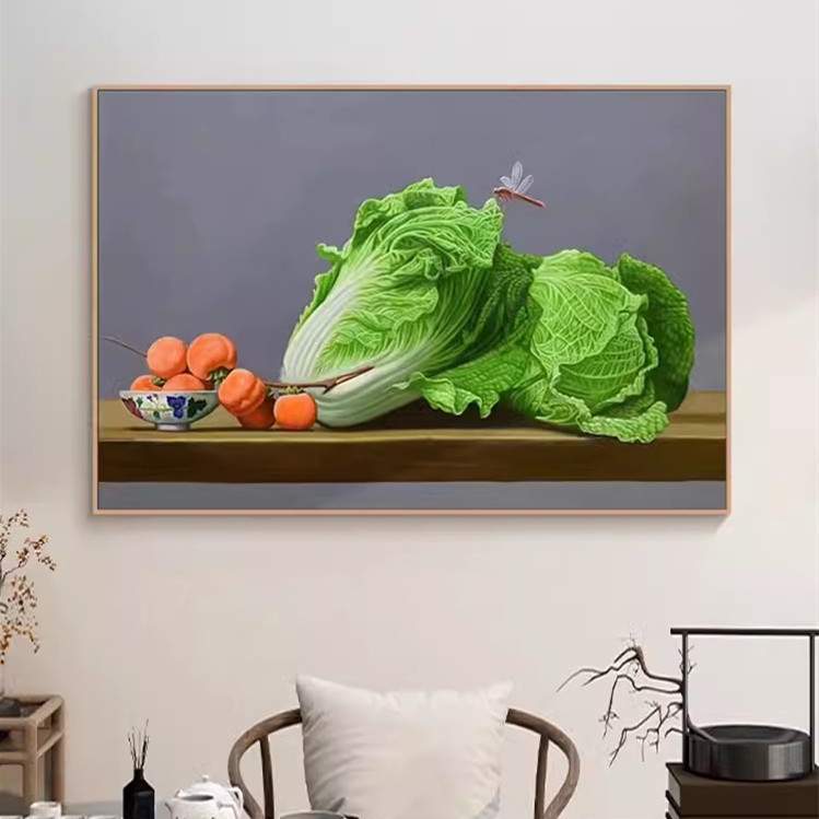 超写实聚百财大白菜纯手绘油画客厅餐厅静物事事如意柿子装饰挂画
