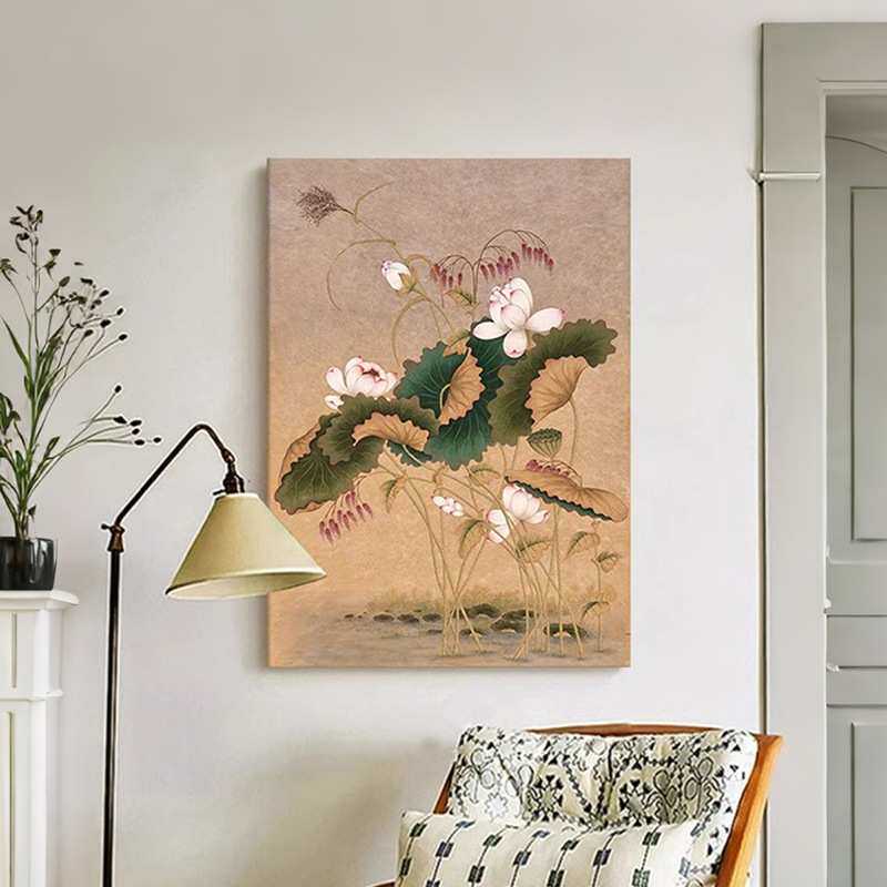 中古风荷花卉客厅装饰画玄关新中式莲藕好运连连手绘油画餐厅挂画