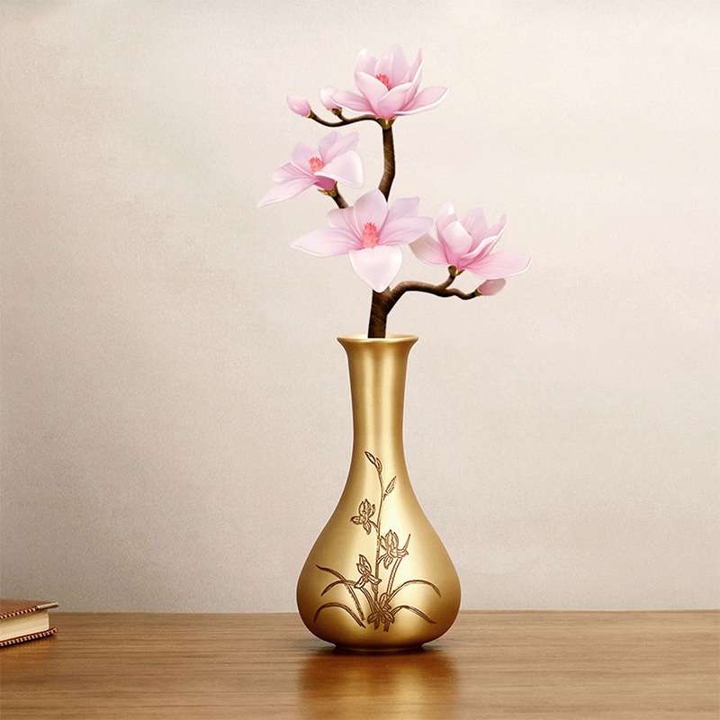 艺品江山纯铜花瓶摆件全铜客厅插花干花束现代中式家居装饰工艺品