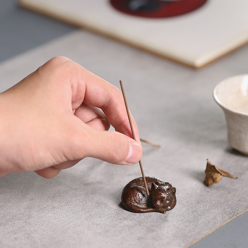 手工复古小懒猫铜茶宠香插线香托摆件可养茶台小茶玩香器香座配件