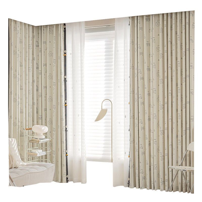 儿童房男孩卧室窗帘遮光雪尼尔卡通黑白提花飘窗定制窗纱工程车