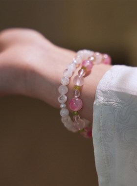 张六六浔花中式天然蔷薇石手錬粉水晶橄榄石手串女百搭清新