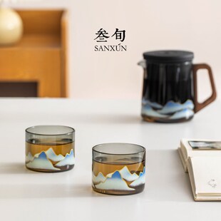 叁旬远山温感变色茶杯品茗杯耐热玻璃家用喝茶杯子个人主人杯